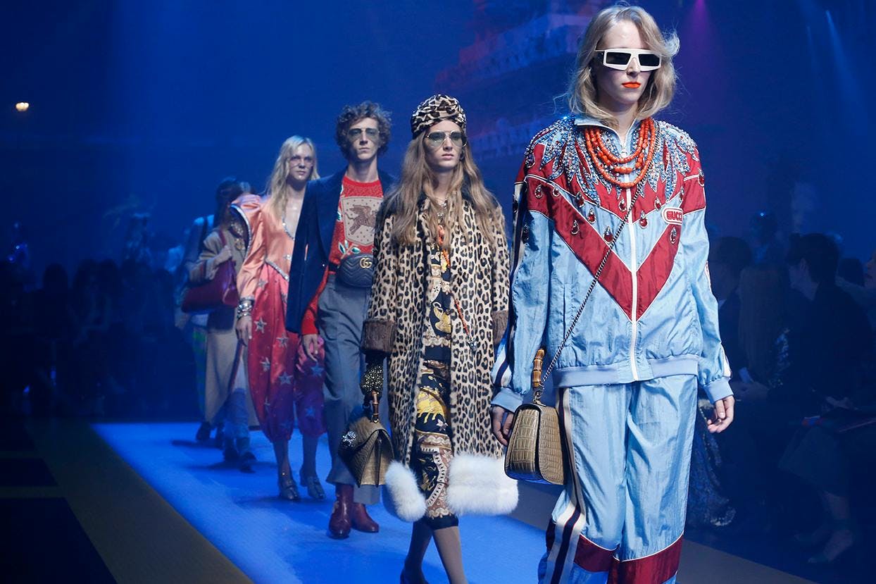 gucci ss18 milan fashion week september 2017 runway fashion person human stage sunglasses accessories accessory clothing apparel sleeve