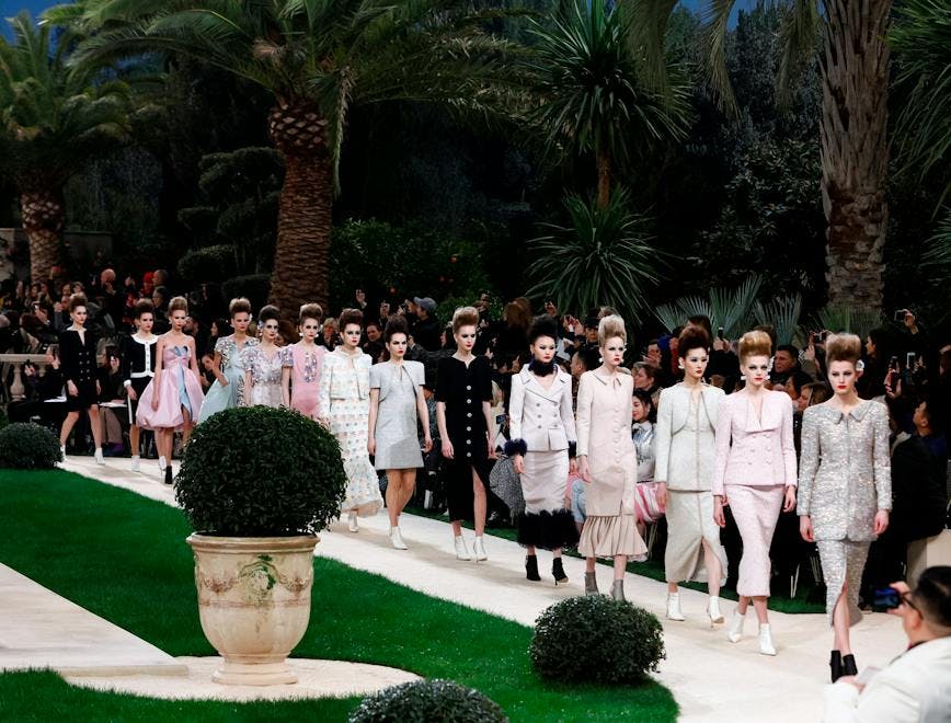 chanel collection couture fashion show nowfashion pfw paris fashion week runway spring summer 2019 person human clothing apparel plant grass