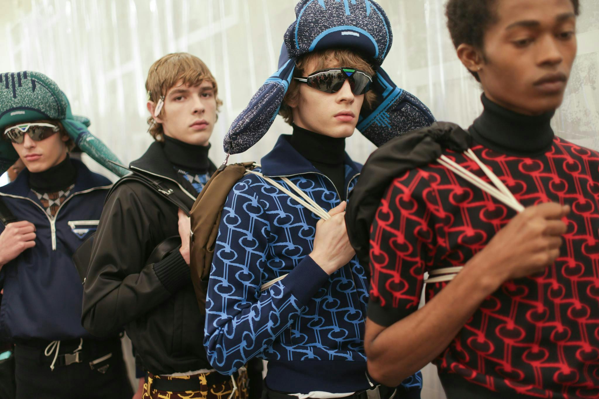 backstage at prada men's spring 2019 sunglasses accessories accessory clothing apparel person human