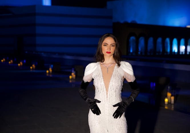 fashion long sleeve adult female person woman dress glove evening dress formal wear