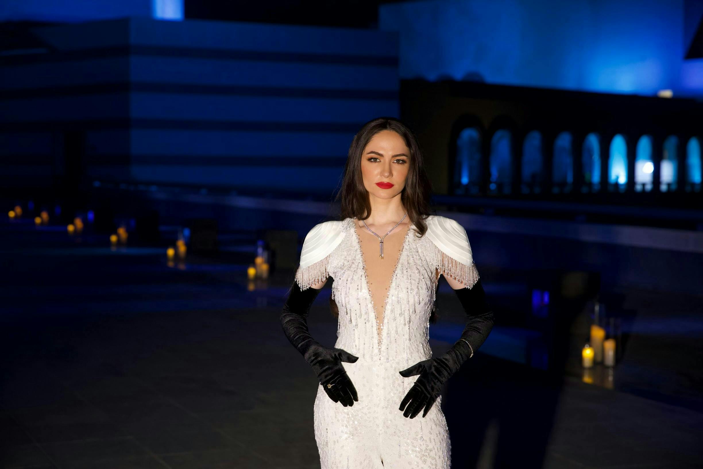 fashion long sleeve adult female person woman dress glove evening dress formal wear